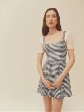 Reformation Tai Gingham Square-Neck Mini Dress in Black and White